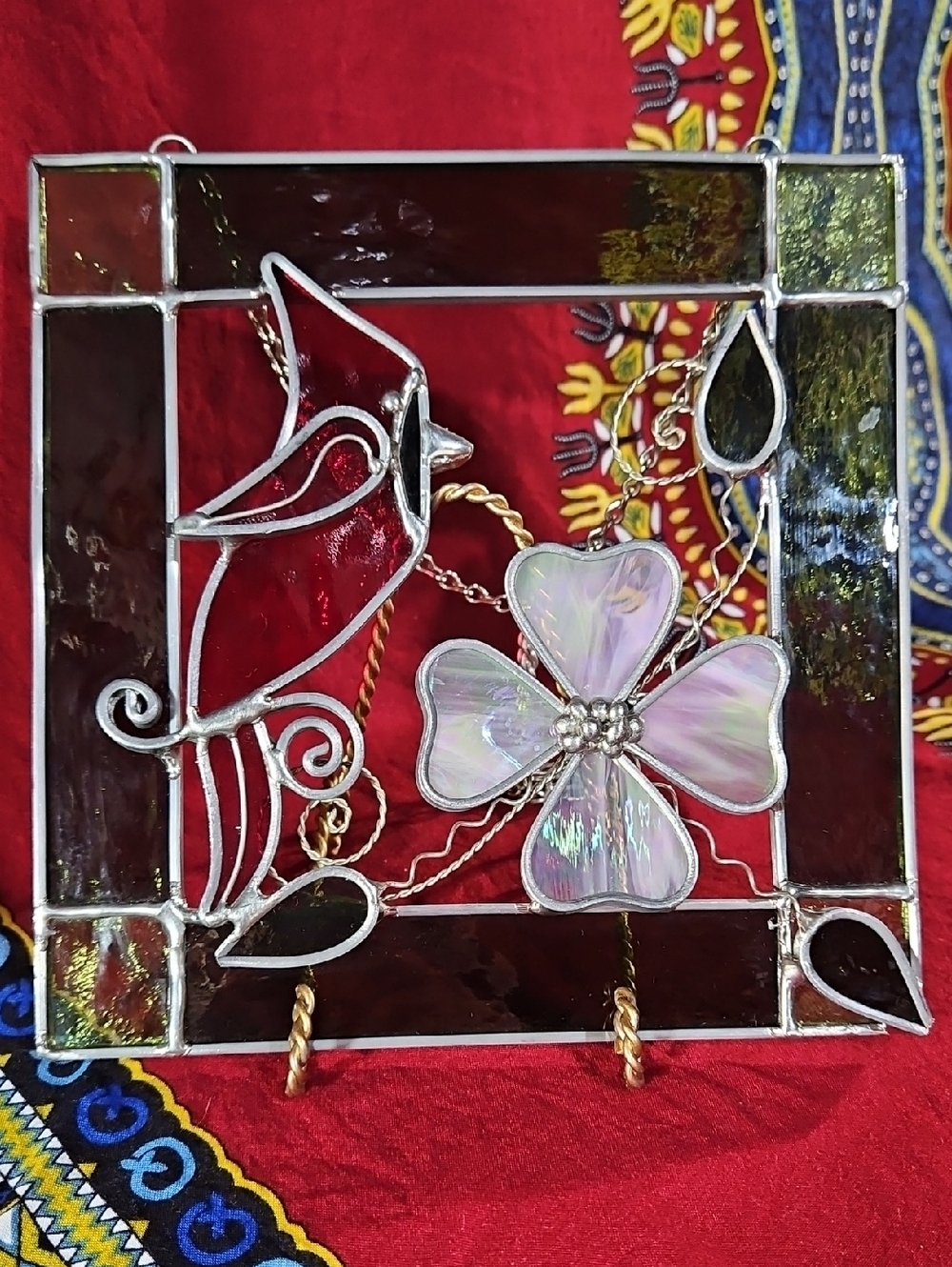 Beautiful Iridescent Dogwood Flower & Cardinal Stained Glass Suncatcher Panel